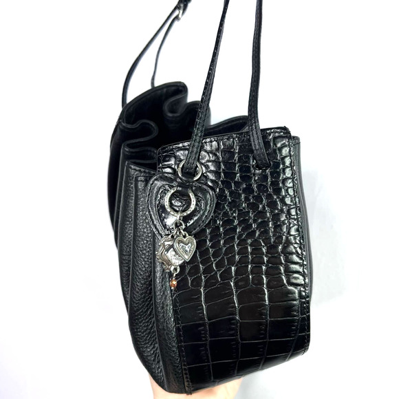 Brighton Black Leather Croc Embossed Drawstring Bucket Bag Purse Crossbody Cinch - Picture 4 of 7